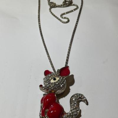 Vintage Rhinestone & Enamel Rudolph the Red Nose Reindeer Pendant 2.5" Tall on a 28" Fashion Chain in Good Preowned Condition.