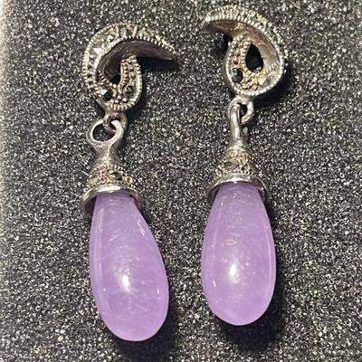 Vintage Scarce Chinese Export Lavender Jadeite Sterling Silver Marcasite Dangling Earrings in VG Preowned Condition.