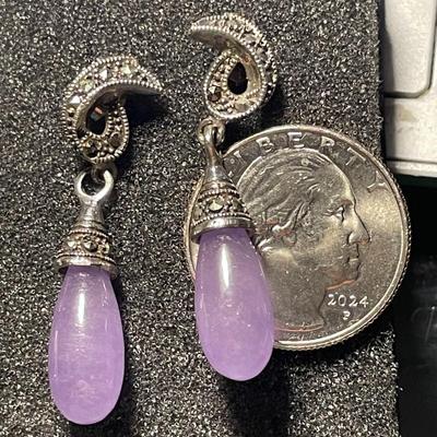 Vintage Scarce Chinese Export Lavender Jadeite Sterling Silver Marcasite Dangling Earrings in VG Preowned Condition.