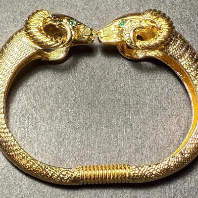 Vintage KJL-Kenneth Jay Lane for Avon Signed Vintage Gold Tone Ram's Head Bracelet Spring Loaded in VG Preowned Condition.