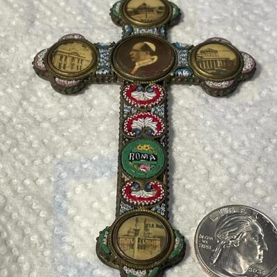 Antique Victorian Era Micro-Mosaic CROSS/CRUCIFIX Made in Italy in Good Preowned Condition.