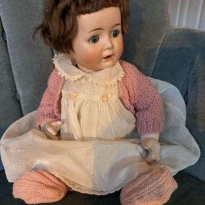 Sale Photo Thumbnail #195: Bisque/porcelain doll made in the Thuringa region of Germany.
Features open and close eyes, composition body, bisque limbs
B 5  - 4 3/4 
good condition