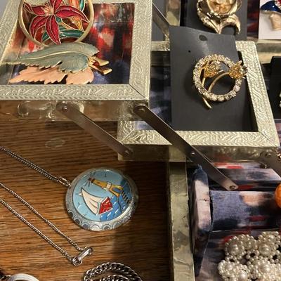 Vintage Costume Jewelry Collection - 22 Pieces Including Signed Brooches, Necklaces & Earrings + Unique Folding Book-Style Jewelry Box
