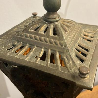 Pair Vintage Mid-Century Hollywood Regency Amber Glass Lantern Table Lamps - 29" Tall