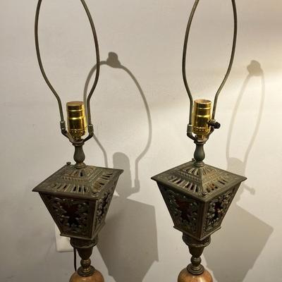 Pair Vintage Mid-Century Hollywood Regency Amber Glass Lantern Table Lamps - 29" Tall