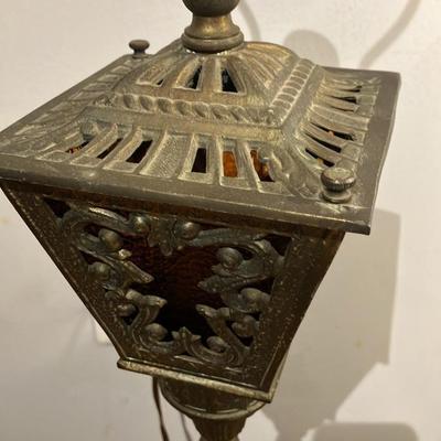 Pair Vintage Mid-Century Hollywood Regency Amber Glass Lantern Table Lamps - 29" Tall