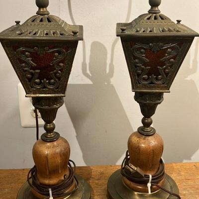 Pair Vintage Mid-Century Hollywood Regency Amber Glass Lantern Table Lamps - 29" Tall