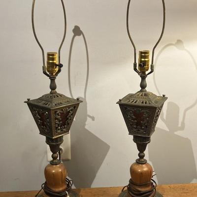 Pair Vintage Mid-Century Hollywood Regency Amber Glass Lantern Table Lamps - 29" Tall