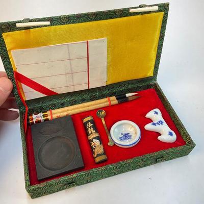 327 Vintage Japanese Calligraphy Set Green Silk Box