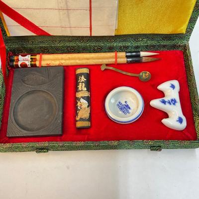 327 Vintage Japanese Calligraphy Set Green Silk Box