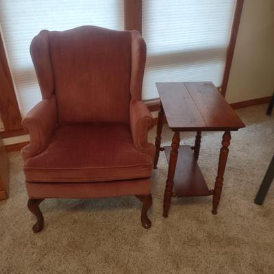 ANTIQUE END TABLE AND A WINGBACK CHAIR