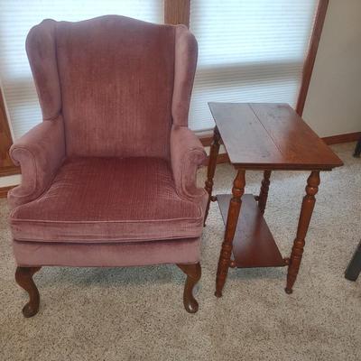 ANTIQUE END TABLE AND A WINGBACK CHAIR