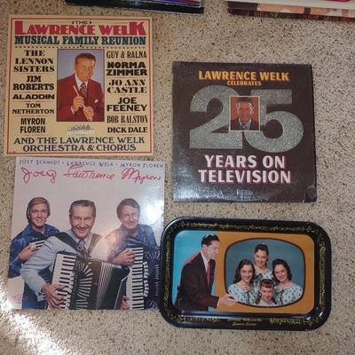 VARIETY OF MUSIC ON VINYL RECORD ALBUMS AND A LAWRENCE WELK METAL TRAY