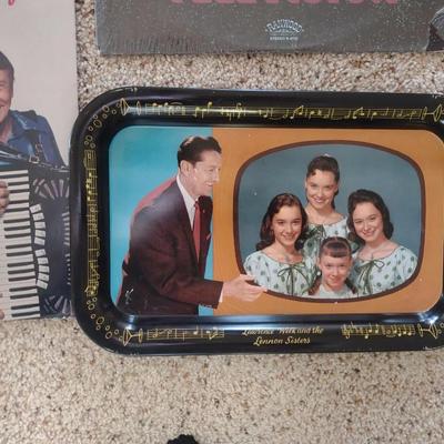 VARIETY OF MUSIC ON VINYL RECORD ALBUMS AND A LAWRENCE WELK METAL TRAY