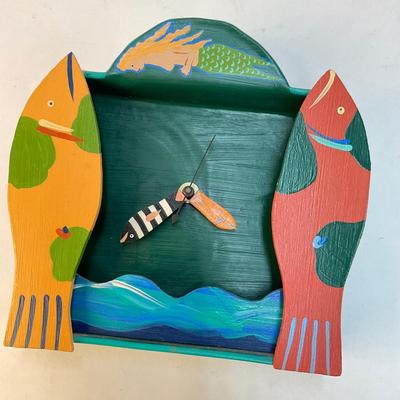 569 Handpainted Fish Clock and Ivan Barnett Pins in Shadow Box