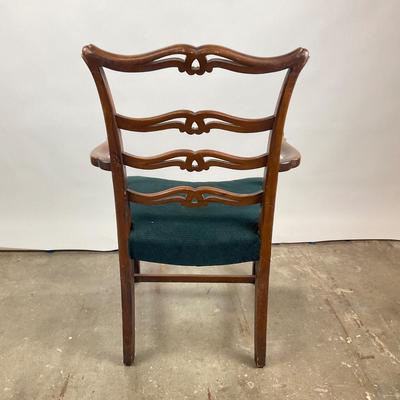 578 Vintage Mahogany Ladderback Upholstered Arm Chair