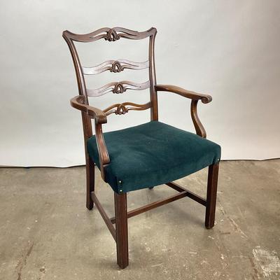 578 Vintage Mahogany Ladderback Upholstered Arm Chair