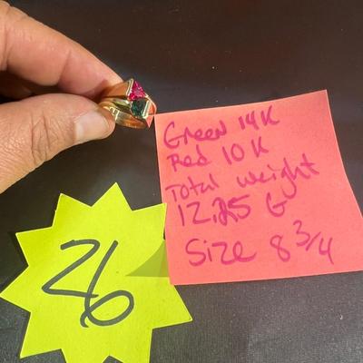 Sale Photo Thumbnail #164: Green Ring 14 K, red ring 10 K, Size 8.75, 12.25 g