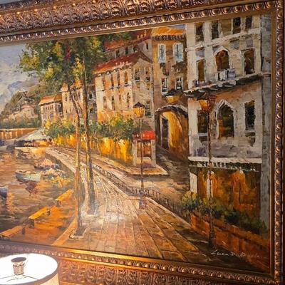 Luca DeAngelo Original Oil Painting – Large European Canal Cityscape in Ornate Gilt Frame