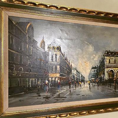 Large Original Paris Street Scene Oil Painting, Signed “Tritti” – Framed European Cityscape, 56” x 32”