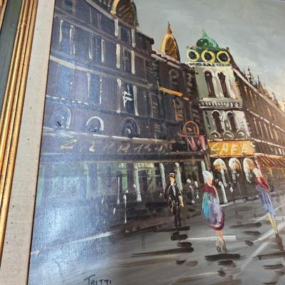 Large Original Paris Street Scene Oil Painting, Signed “Tritti” – Framed European Cityscape, 56” x 32”