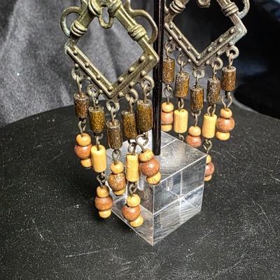 Vintage Boho Chandelier Earrings with Wood Beads & Aged Metal