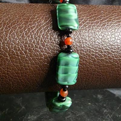 Vintage Green Marbled Glass Bead Bracelet - Silver Toggle Clasp with Black & Orange Accents