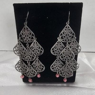 Vintage Silver-Tone Filigree Chandelier Earrings with Blush Glass Bead Accents