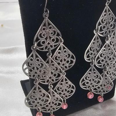Vintage Silver-Tone Filigree Chandelier Earrings with Blush Glass Bead Accents