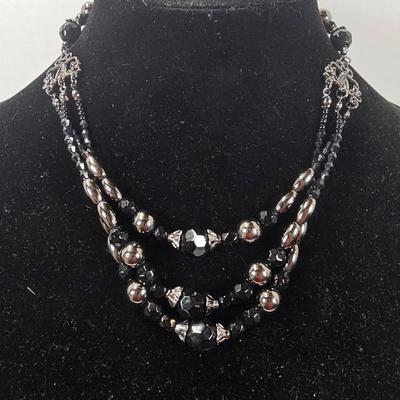 Vintage Black & Silver Multi-Strand Beaded Necklace with Faceted Glass and Metallic Accents