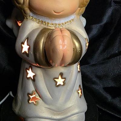 Vintage Hand-Painted Ceramic Angel Baby Night Light | Gold Halo & Star-Cut Wings | Plug-In Illuminated Figurine | Precious 13-in...