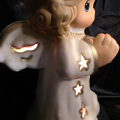 Vintage Hand-Painted Ceramic Angel Baby Night Light | Gold Halo & Star-Cut Wings | Plug-In Illuminated Figurine | Precious 13-in...