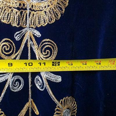 Hand-Embroidered Navy Velvet Kaftan Dress with Gold & Silver Threadwork, Long Formal Evening Gown
