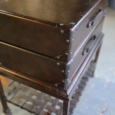 LOCAL PICKUP ONLY - Vintage Trunk Style Leather End Table with Two Drawers and Woven Shelf