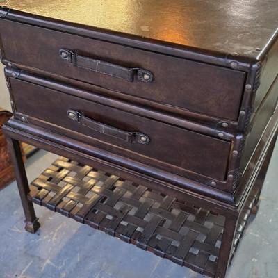 LOCAL PICKUP ONLY - Vintage Trunk Style Leather End Table with Two Drawers and Woven Shelf
