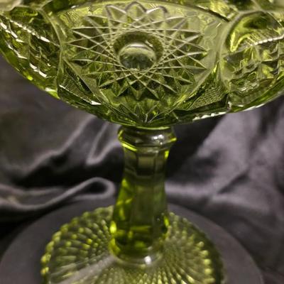 Vintage Imperial Glass Avocado Green Hobstar Pedestal Compote – Mid-Century Statement Bowl