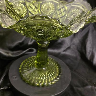Vintage Imperial Glass Avocado Green Hobstar Pedestal Compote – Mid-Century Statement Bowl