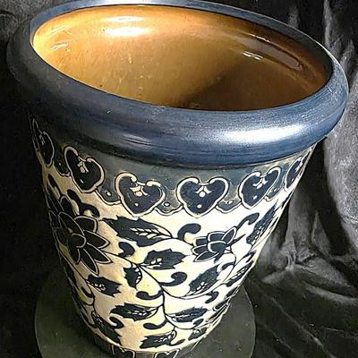 Vintage Hand-Painted Blue & Cream Art Pottery Planter with Floral Vine Motif