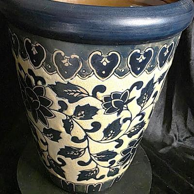 Vintage Hand-Painted Blue & Cream Art Pottery Planter with Floral Vine Motif