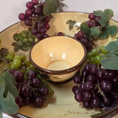 Vintage Pacific Rim Sonoma Hand-Painted Grape & Vine Ceramic Serving Bowl with Center Dip Insert