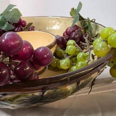 Vintage Pacific Rim Sonoma Hand-Painted Grape & Vine Ceramic Serving Bowl with Center Dip Insert