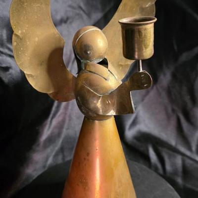 Vintage Mid-Century Brass Angel Taper Candle Holder - Abstract Praying Cherub w/ Large Wings