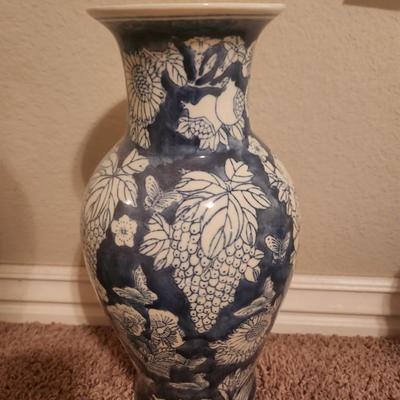 Large Blue China Vase w/ Fruit and Butterflies