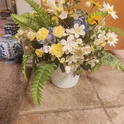 Flower Pot w/ Fake Flowers milk glass vase