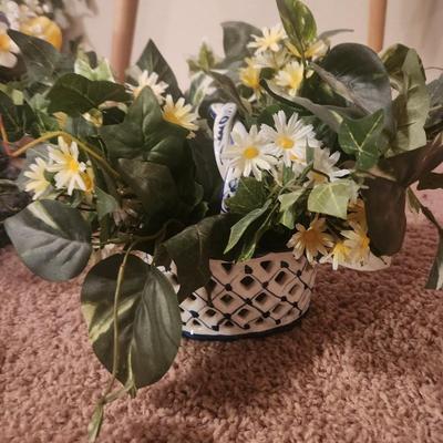 Fake Flowers in Blue China Basket