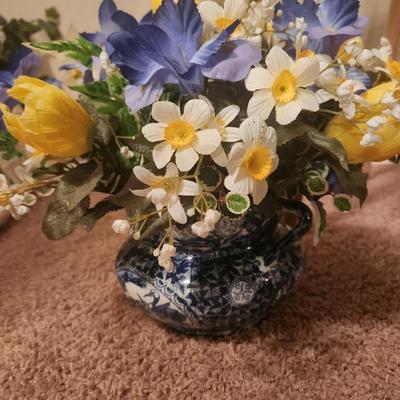 Blue China Pot w/ White, Blue, and Yellow Fake Flowers