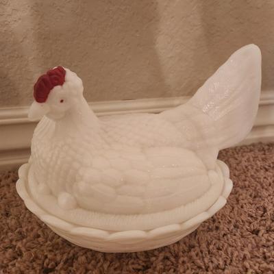 Nesting Hen Milk Glass Candy Dish