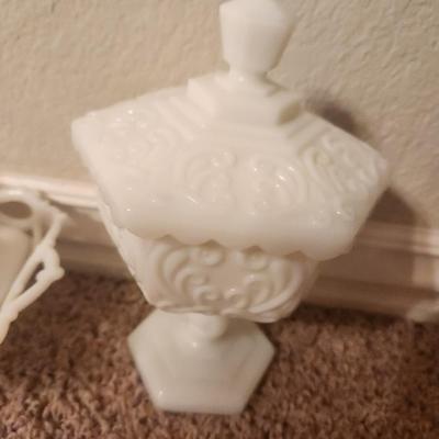 Ornate Hexagonal Milk Glass Candy Dish