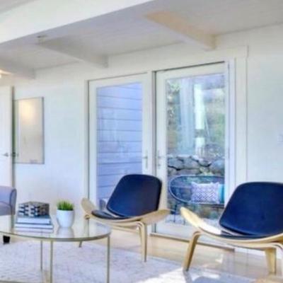 Sale Photo Thumbnail #18: - Mid century Wing chairs
-Gold glass round coffee table