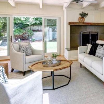 Sale Photo Thumbnail #28: - PAIR OF LUXE linen chairs  
- Coffee table rustic wood and bronze 38” diameter 